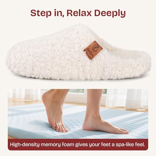 EverFoams Women's Fuzzy Slip-on Slippers Soft Comfy Memory Foam Indoor House Shoes Beige,7-8 US - Image 4
