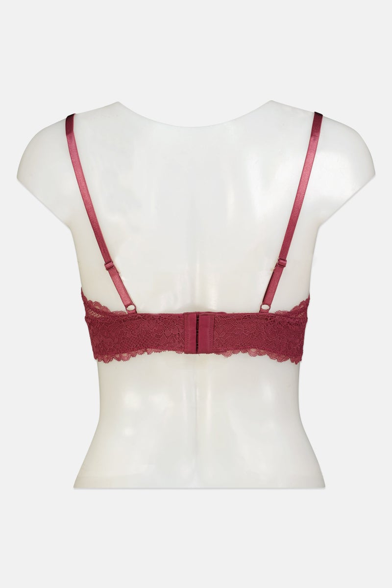 bebe Women Textured Padded Lace Bra, Maroon - Image 3