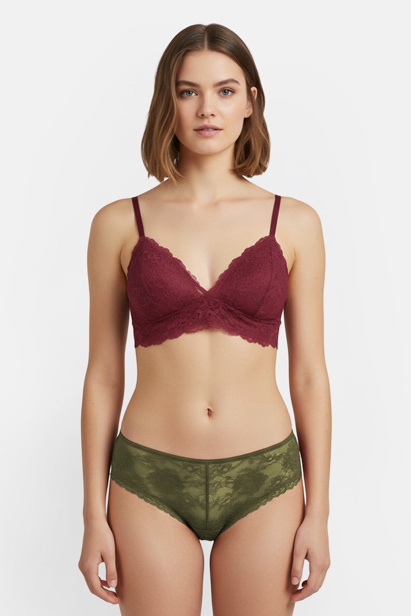 bebe Women Textured Padded Lace Bra, Maroon - Image 1