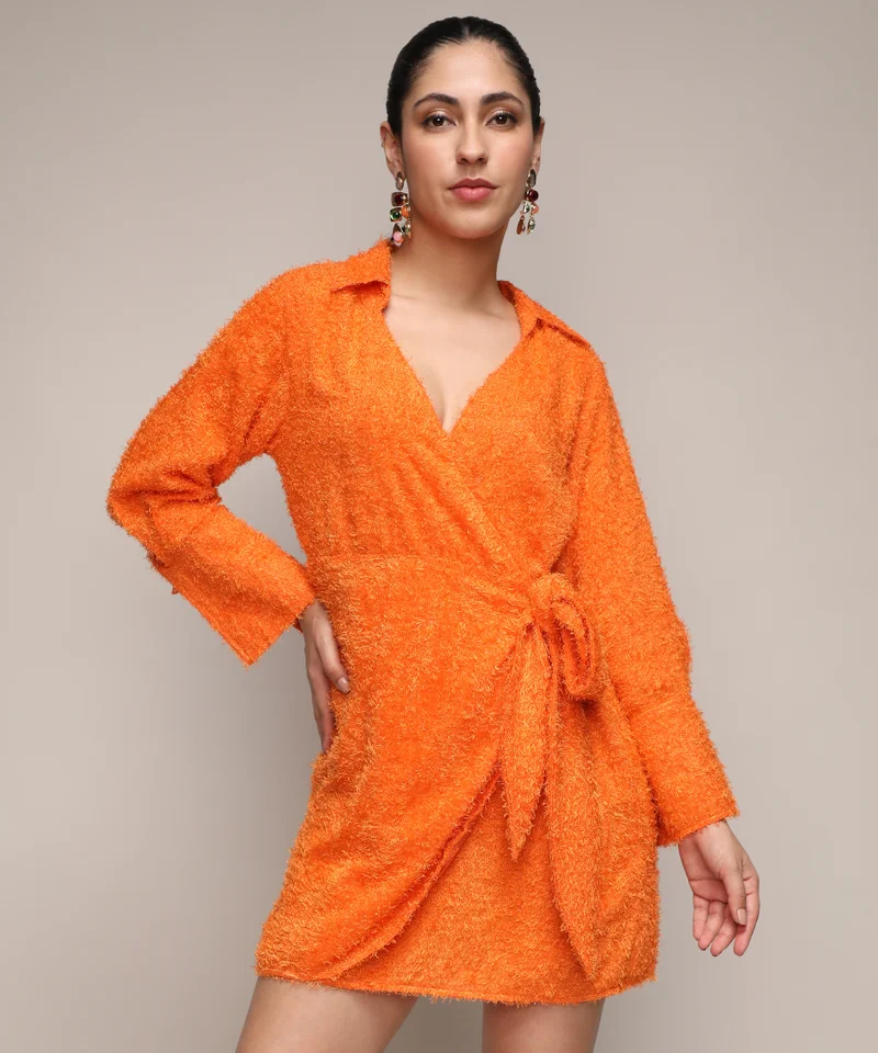 Campus Sutra Fuzzy Orange Mini Dress