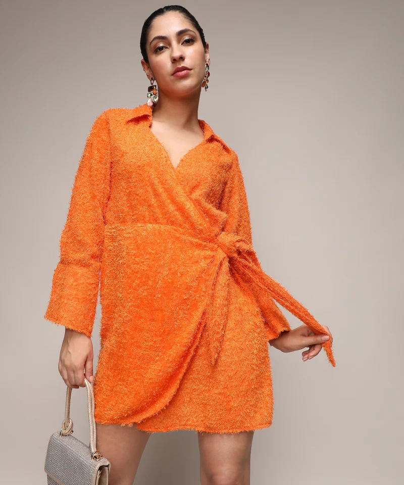 Campus Sutra Fuzzy Orange Mini Dress