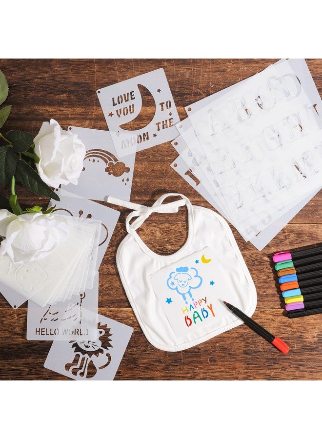 PEUTIER 47pcs DIY Baby for Bibs Decorating Kit, Including 15pcs White Baby for Bibs to Decorate, 22pcs 2 Sizes Baby Stencils for Painting, 10pcs Fabric Markers, Blank Design for Bibs, Baby Shower Game  - Image 3