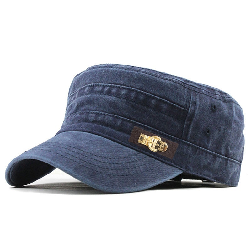 Baseball Cap Classic Leather Label Washed Cotton Flat Top Outdoor Mesh Hat - Image 4