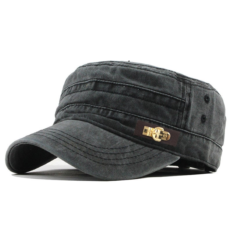 Baseball Cap Classic Leather Label Washed Cotton Flat Top Outdoor Mesh Hat - Image 1