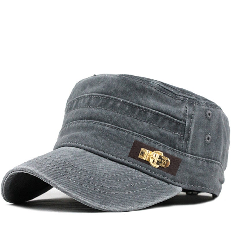 Baseball Cap Classic Leather Label Washed Cotton Flat Top Outdoor Mesh Hat - Image 2