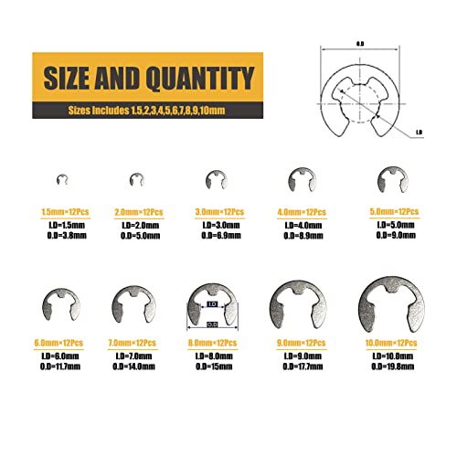 MARSTEK 304 Stainless Steel E Clip Assortment Kit E-Clip External Retaining Ring Assortment Set (M1.5-M10,120 PCS) - Image 2