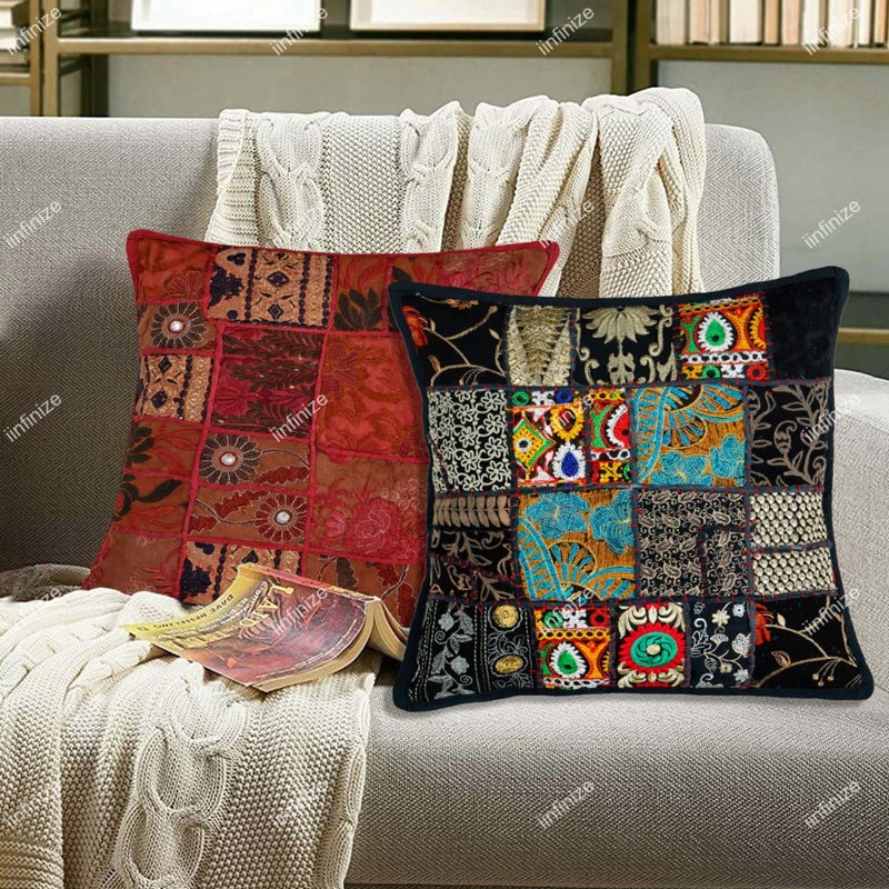 iinfinize Embroidery 16 Inch Patchwork Cushion Cover 2 Pcs Floral Design Hand Embroidery Pillow Cover Indoor Outdoor Décor - Image 1
