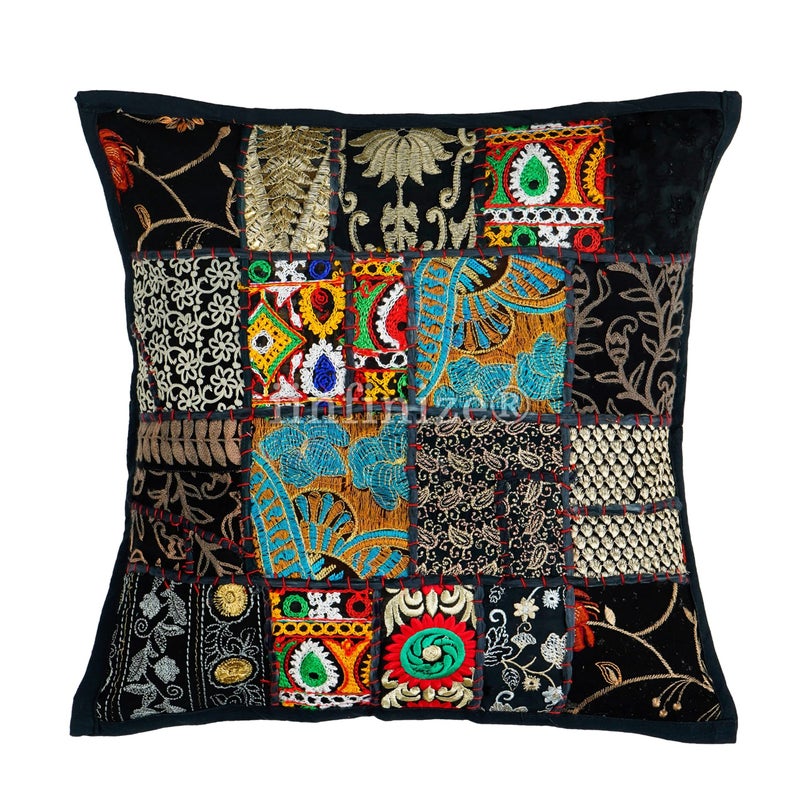 iinfinize Embroidery 16 Inch Patchwork Cushion Cover 2 Pcs Floral Design Hand Embroidery Pillow Cover Indoor Outdoor Décor - Image 5