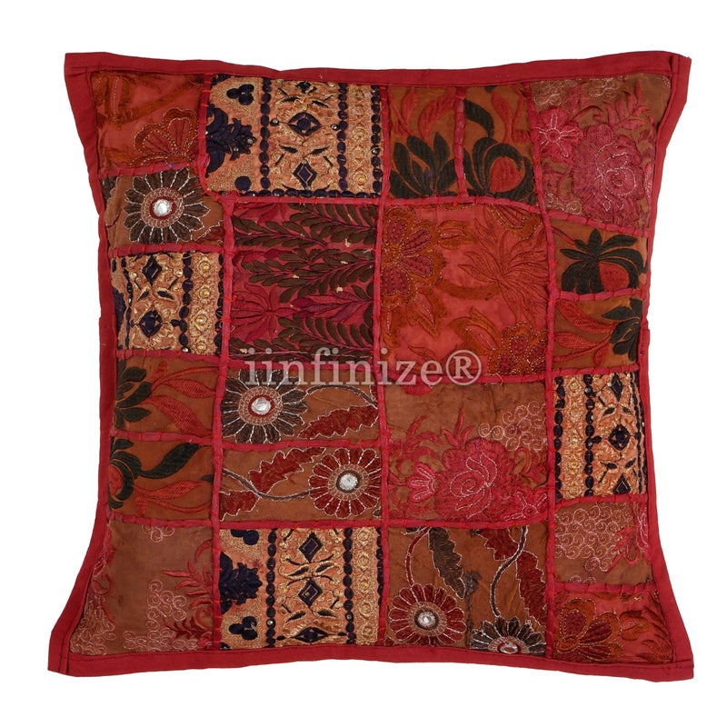 iinfinize Embroidery 16 Inch Patchwork Cushion Cover 2 Pcs Floral Design Hand Embroidery Pillow Cover Indoor Outdoor Décor - Image 2