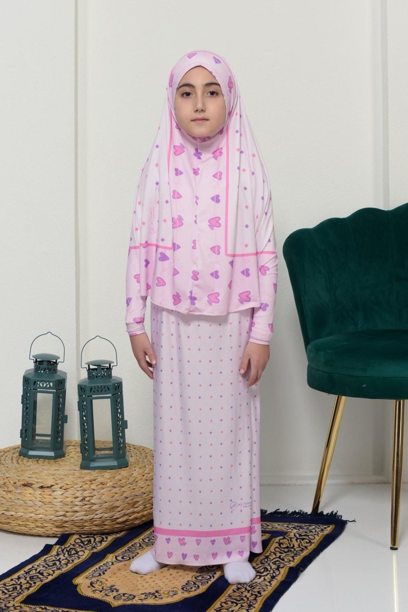 Altobeh Children's Prayer Set Practical Two-Piece Patterned Sleeves Removable Headscarved Lycra Hijab Dress (6-12 Years) 901-0201 - Image 1
