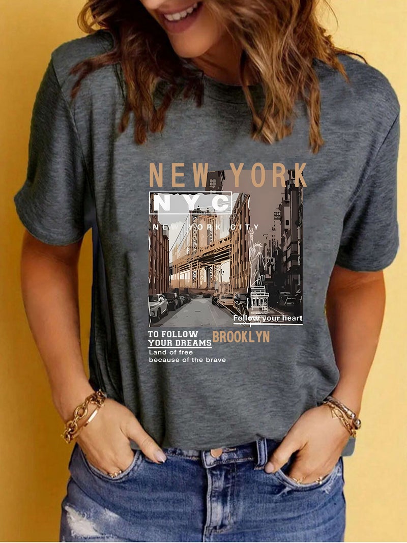 Europe And America Summer Women'S New York City Landscape Printing Round Neck Short Sleeve Casual Explosions T-Shirt - Image 1