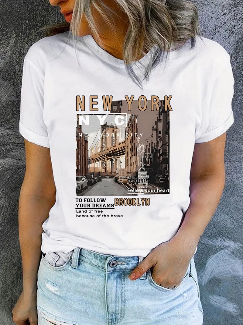 Europe And America Summer Women'S New York City Landscape Printing Round Neck Short Sleeve Casual Explosions T-Shirt - Image 3