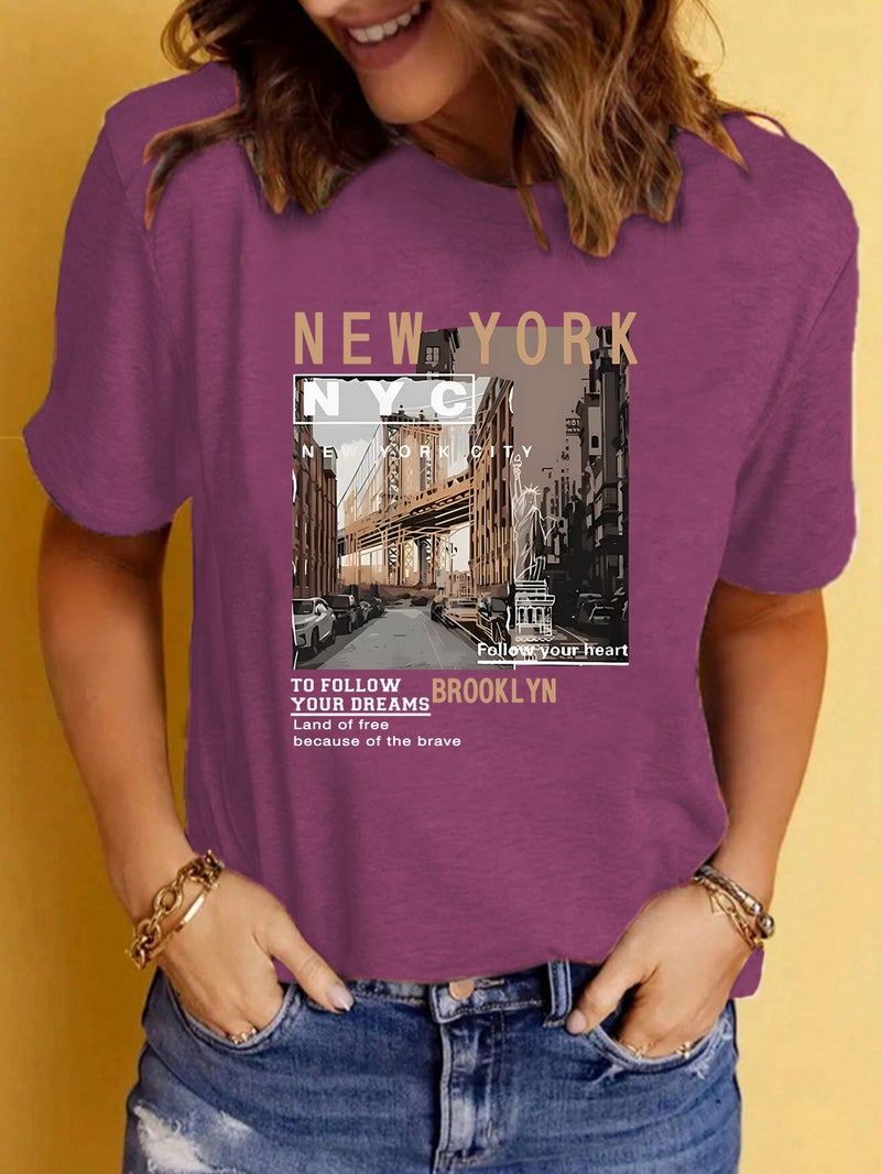 Europe And America Summer Women'S New York City Landscape Printing Round Neck Short Sleeve Casual Explosions T-Shirt - Image 5