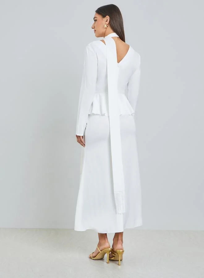Styli white White Peplum Ruffle Maxi Dress with Tie-Neck for Women | Best Price UAE