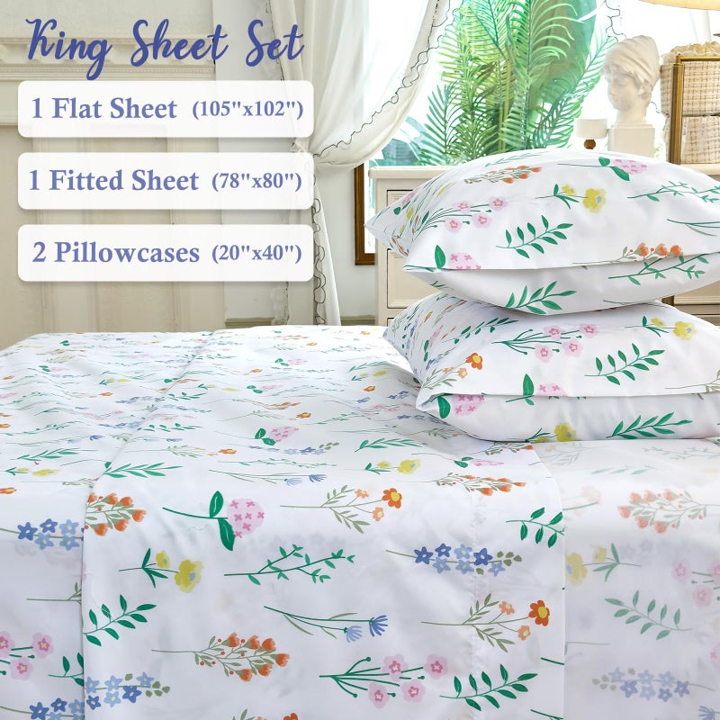 MICORAL صفائح حجم كينج الدقيقة مجموعة صفائح سرير مطبوعة من 4 قطع 16 "" Deep Pocket Ultra Soft & Cooling Sheet Oeko-Tex معتمدة من الأزهار الخضراء - Image 3