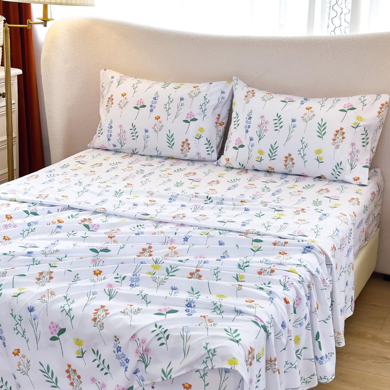 MICORAL صفائح حجم كينج الدقيقة مجموعة صفائح سرير مطبوعة من 4 قطع 16 "" Deep Pocket Ultra Soft & Cooling Sheet Oeko-Tex معتمدة من الأزهار الخضراء - Image 1