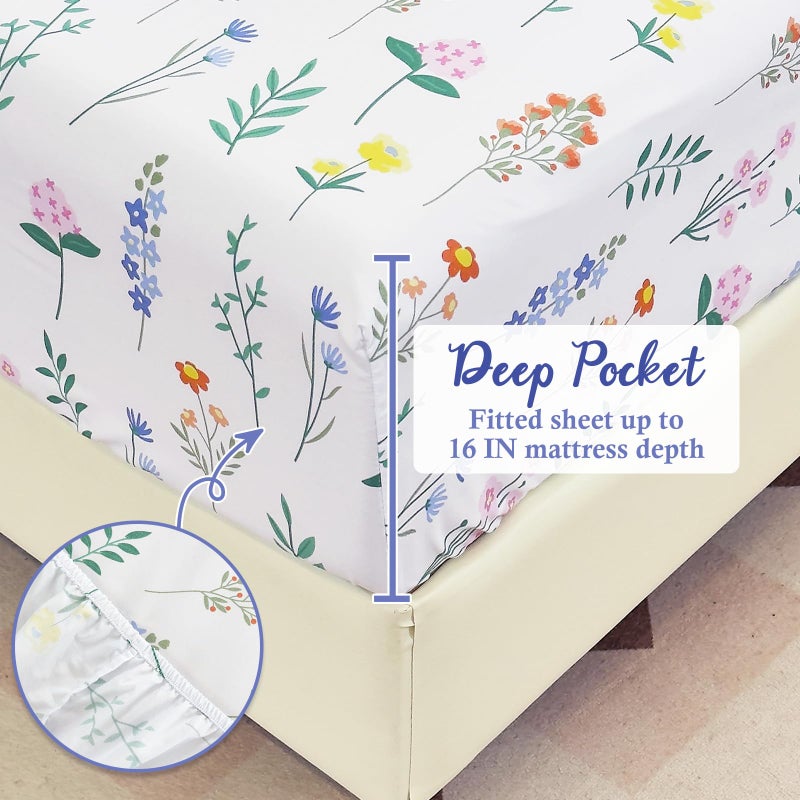 MICORAL صفائح حجم كينج الدقيقة مجموعة صفائح سرير مطبوعة من 4 قطع 16 "" Deep Pocket Ultra Soft & Cooling Sheet Oeko-Tex معتمدة من الأزهار الخضراء - Image 2