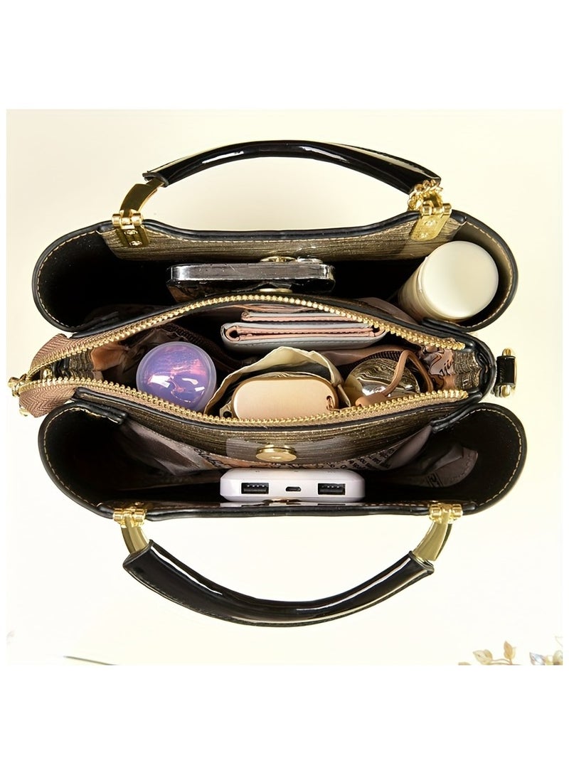 AROAQ Luxury Women's Top-Handle Bag Patent Leather Shoulder Handbag with Zipper Closure and Polyester Lining  - Image 3