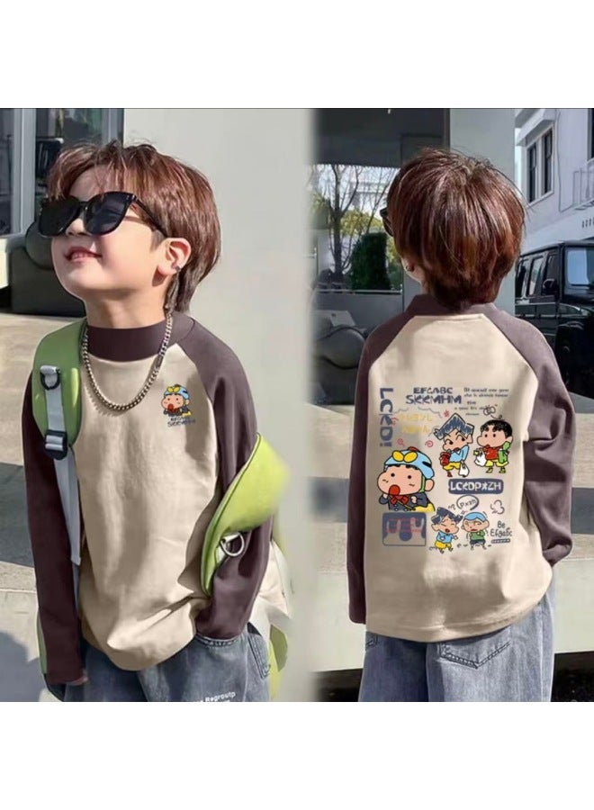 Boys' Thermal Base Layer Shirt For Autumn And Winter, New Style For Older Children, Half-high Collar, Color-blocked Long-sleeve Cartoon Top For Toddlers
