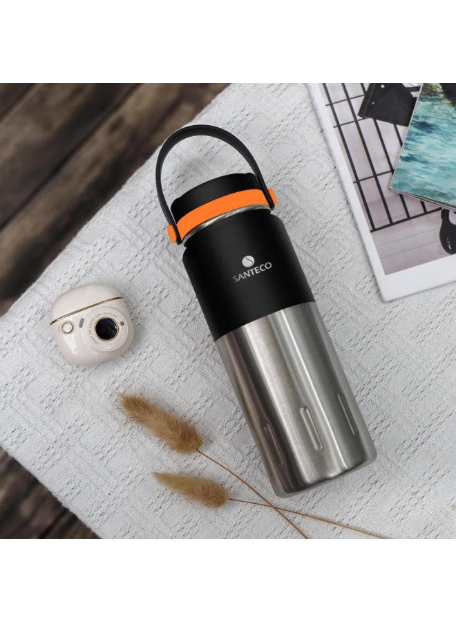 Santeco Insulated Water Bottle, Stylish Design For Students, Portable Stainless Steel Long-lasting Insulation Travel Mug, Charcoal Black Color - Image 1