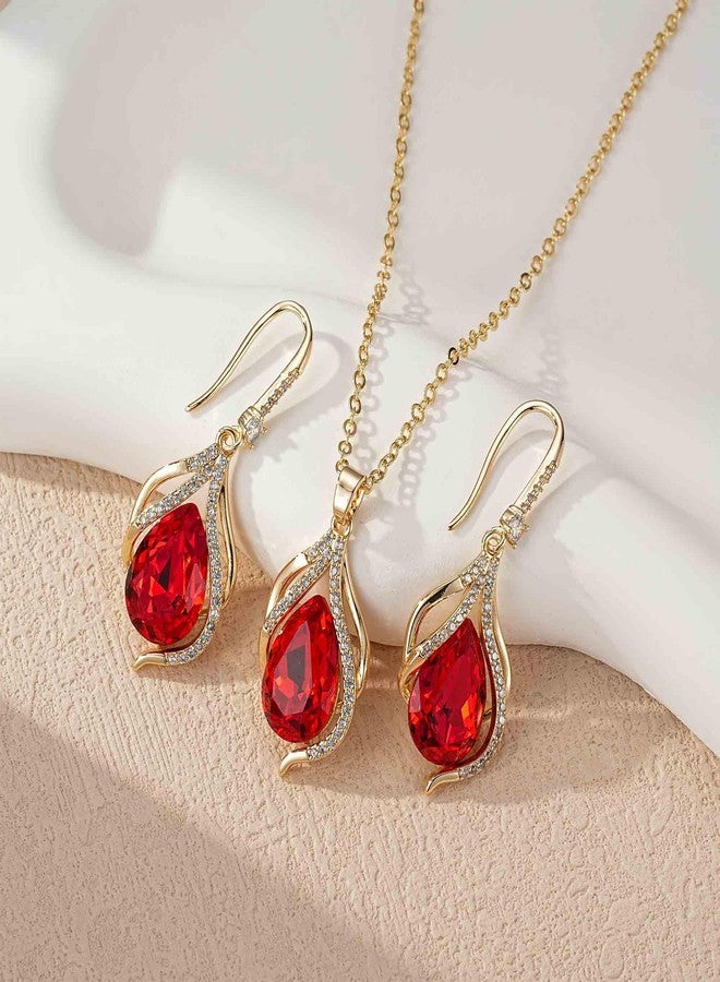 إيفيفك طقم مجوهرات نسائي من إيفيفيك، يتألف من قلادة وأقراط بتصميم دمعة مجوفة ملتوية مرصعة بكريستالات نمساوية، مطلية بالذهب عيار 14 قيراط، بتصميم هالة متدلية، مضاد للحساسية (أحمر). - Image 5
