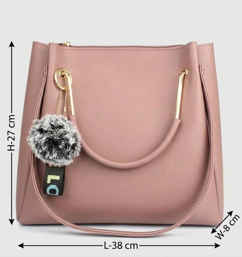 DANIEL CLARK PU Leather Tote Bag with Pom Pom Charm, Shoulder Handbag, Elegant Daily Use Purse for Office, Travel & Casual for Women & Girls (Pink) - Image 4