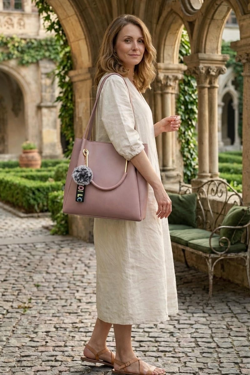 DANIEL CLARK PU Leather Tote Bag with Pom Pom Charm, Shoulder Handbag, Elegant Daily Use Purse for Office, Travel & Casual for Women & Girls (Pink) - Image 2