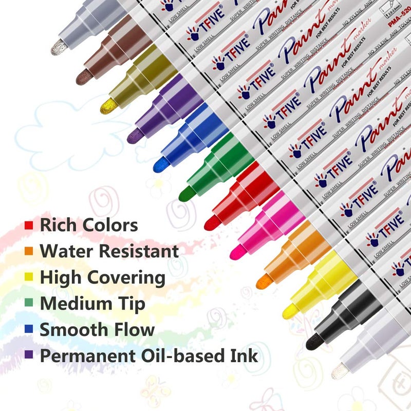 TFIVE Paint Pens Paint Markers Never Fade Quick Dry and Permanent, 12 Color Oil-Based Waterproof Paint Marker Pen Set for Rock Painting, Ceramic, Wood, Fabric, Plastic, Canvas, Glass, Mugs - Image 2
