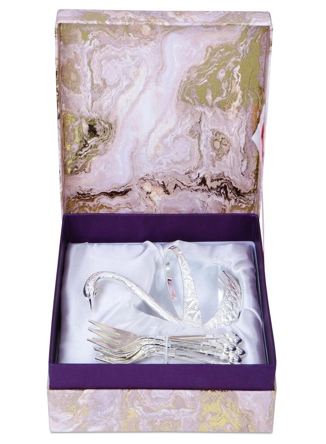 Badhai Box طقم شوك مطلي بالفضة من بادهاي بوكس من أوساس بازار، مع حامل على شكل بجعة، منظم شوك، طقم أدوات مائدة من 6 قطع للفواكه والحلويات، هدية زفاف للأزواج. (فضي، 2.7 × 5.9 بوصة) - Image 5
