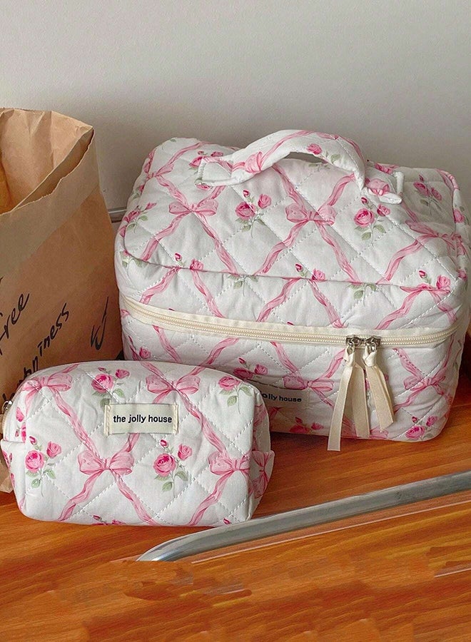 حقيبة مكياج مبطنة كبيرة مكونة من 3 قطع للنساء والفتيات، حقيبة مستحضرات تجميل قطنية جميلة مزينة بالزهور، حقائب أدوات تواليت منظمة للسفر (أقواس وردية) - Image 5