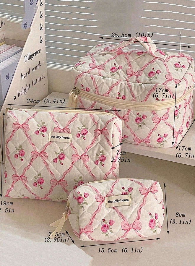 حقيبة مكياج مبطنة كبيرة مكونة من 3 قطع للنساء والفتيات، حقيبة مستحضرات تجميل قطنية جميلة مزينة بالزهور، حقائب أدوات تواليت منظمة للسفر (أقواس وردية) - Image 2