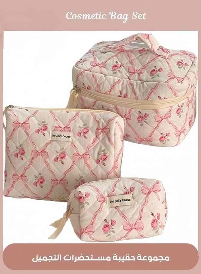 حقيبة مكياج مبطنة كبيرة مكونة من 3 قطع للنساء والفتيات، حقيبة مستحضرات تجميل قطنية جميلة مزينة بالزهور، حقائب أدوات تواليت منظمة للسفر (أقواس وردية) - Image 1