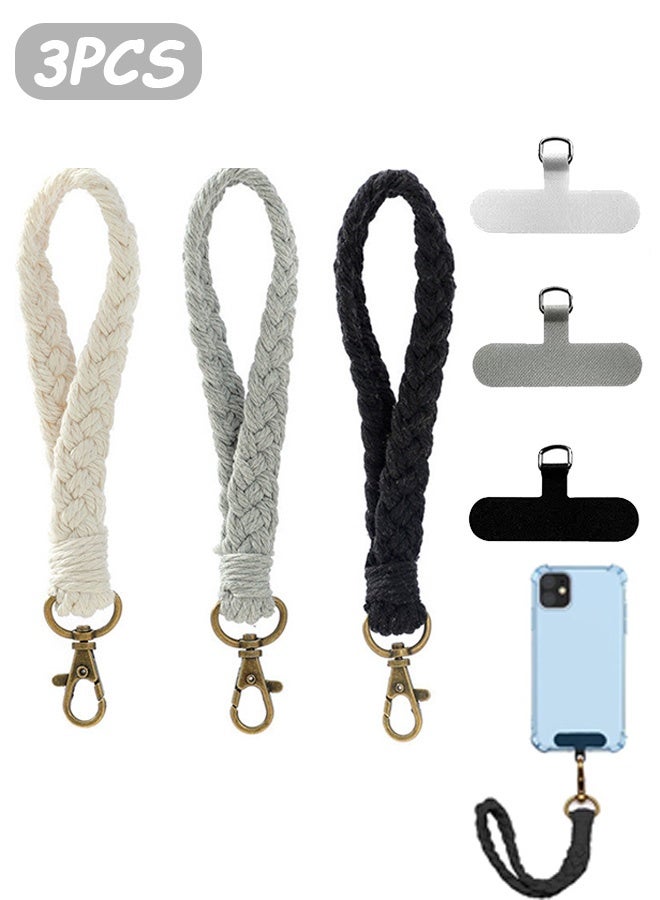إم إكس إن 3 قطع من حزام معصم الهاتف الخلوي مع 3 علامات تبويب لربط الهاتف، جراب هاتف مصنوع يدويًا على شكل سلسلة مفاتيح مكرامية للنساء والفتيات (أبيض + أسود + رمادي) - Image 1