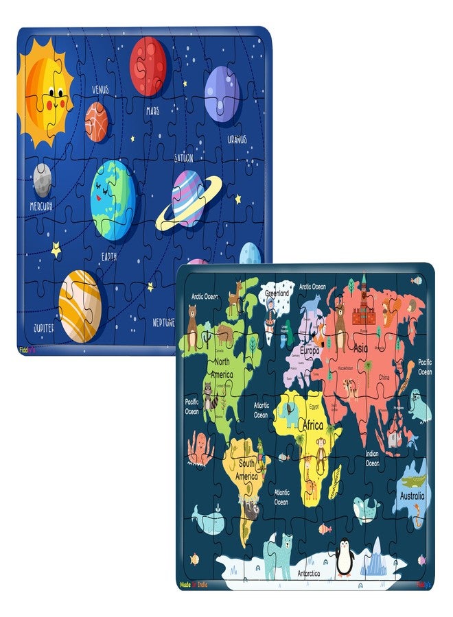 Fiddlys 40 Pcs Paperless Wooden Jigsaw Puzzle for Kids & Children Age 4+ Learning Educational Double Layered Wooden Puzzles with Bright Front & Back Print (World Map & Solar System) - Image 1