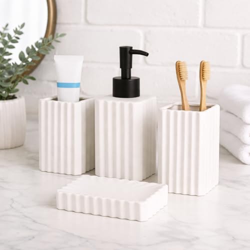 Whizzo® Premium Stripes Design Ceramic Bathroom Accessories Set Including Soap Dispenser, Toothbrush Holder, Tumbler, Soap Dish, The Best Gifting Choice [WZ-BS-834-White] - Image 1