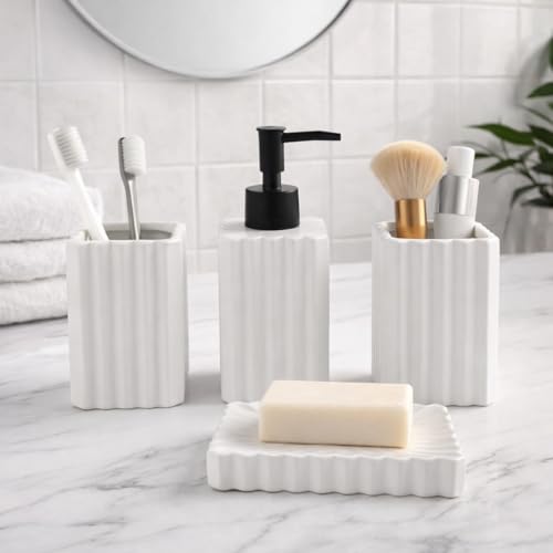Whizzo® Premium Stripes Design Ceramic Bathroom Accessories Set Including Soap Dispenser, Toothbrush Holder, Tumbler, Soap Dish, The Best Gifting Choice [WZ-BS-834-White] - Image 3