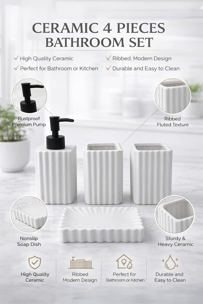 Whizzo® Premium Stripes Design Ceramic Bathroom Accessories Set Including Soap Dispenser, Toothbrush Holder, Tumbler, Soap Dish, The Best Gifting Choice [WZ-BS-834-White] - Image 2