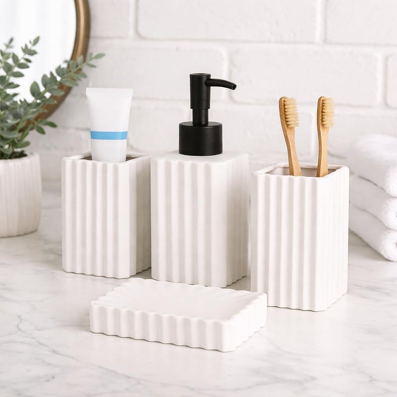 Whizzo® Premium Stripes Design Ceramic Bathroom Accessories Set Including Soap Dispenser, Toothbrush Holder, Tumbler, Soap Dish, The Best Gifting Choice [WZ-BS-834-White] - Image 5