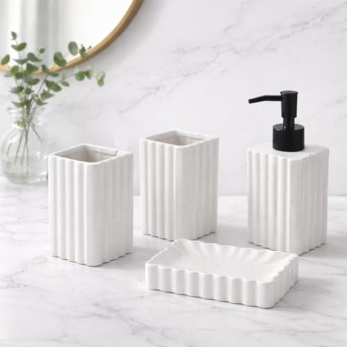 Whizzo® Premium Stripes Design Ceramic Bathroom Accessories Set Including Soap Dispenser, Toothbrush Holder, Tumbler, Soap Dish, The Best Gifting Choice [WZ-BS-834-White] - Image 4