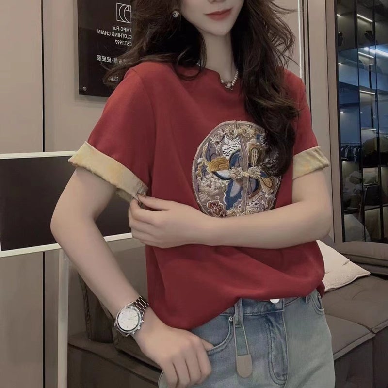 New Chinese Style Shoulder Plus Size Loose Short Sleeve Slimming Design National Style T-Shirt Contrast All-Match Top Ins - Image 3