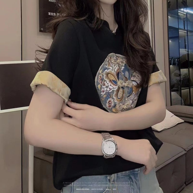 New Chinese Style Shoulder Plus Size Loose Short Sleeve Slimming Design National Style T-Shirt Contrast All-Match Top Ins - Image 4