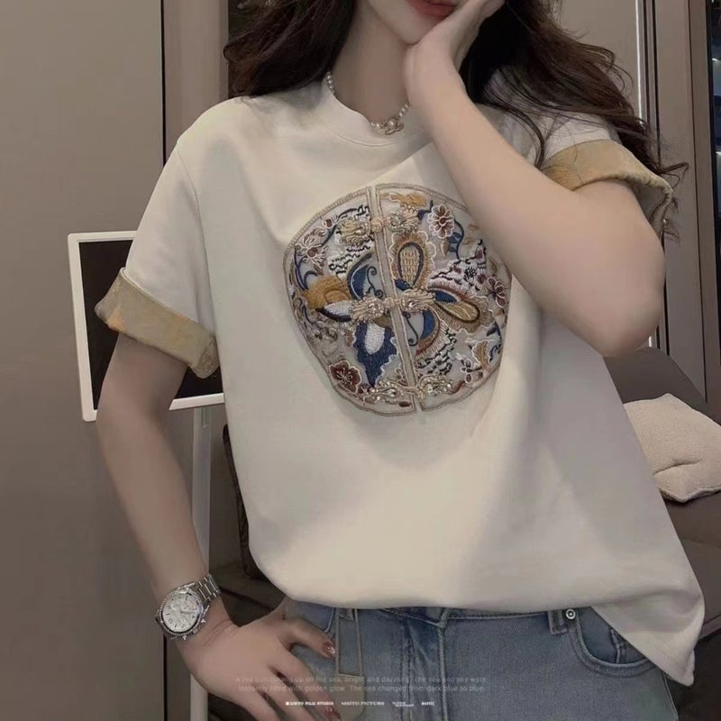 New Chinese Style Shoulder Plus Size Loose Short Sleeve Slimming Design National Style T-Shirt Contrast All-Match Top Ins - Image 1