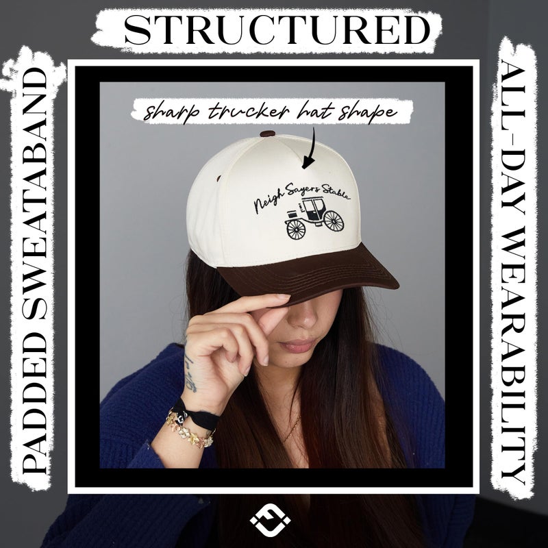 Funky Junque Cute Western Trucker Hat for Women, Vintage Embroidered Adjustable Baseball Cap Neigh Sayers Stable - Beige/Brown - Image 5