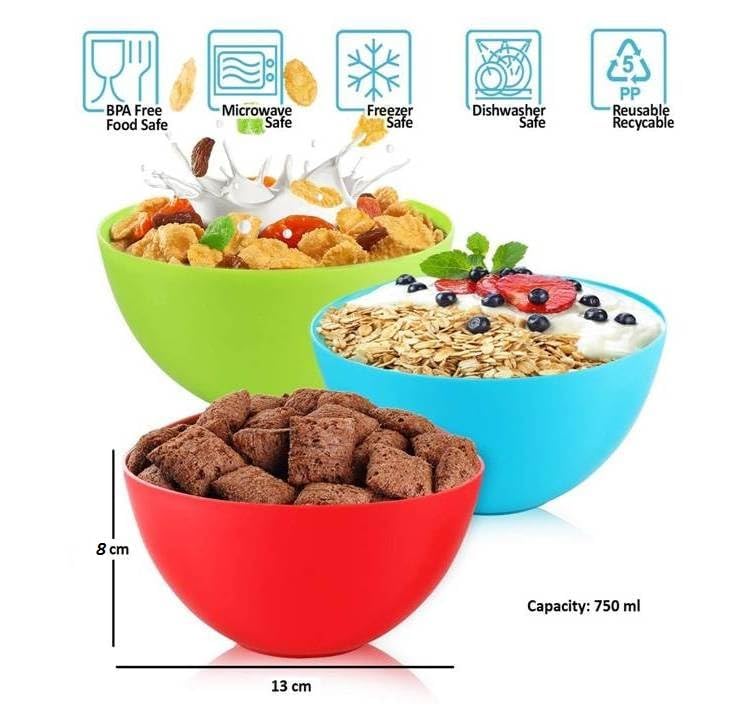 MOXWARE Modular BPA Free Plastic Mixing and Serving Bowls Set for Cereal, Salad, Rice, Soup, Pasta, Snack, Dishwasher & Microwave Safe, 700 Ml - Multicolor - 13 x 13 x 8 cm - Image 2