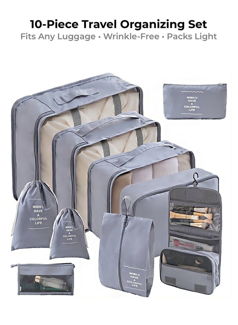 Travel Storage Set 10Pcs - Clothes Organizer for Luggage/Underwear/Shoes/Makeup Bags, Portable Packing System for Travel (Grey) - Image 1