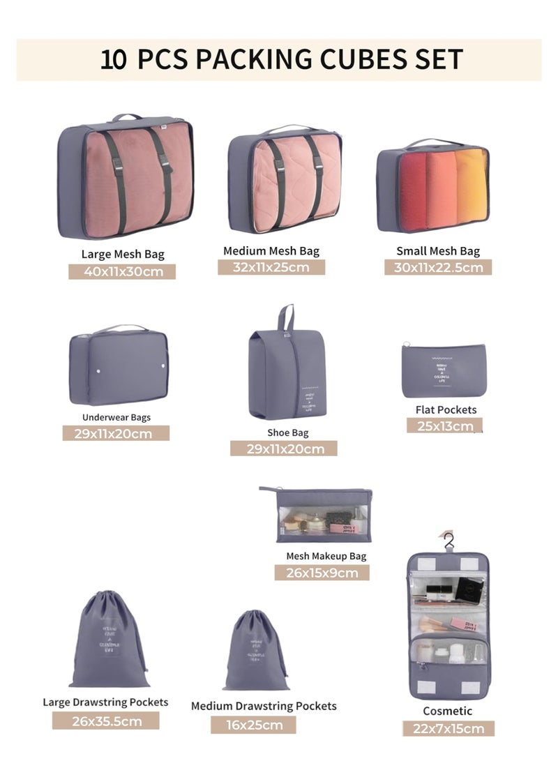 Travel Storage Set 10Pcs - Clothes Organizer for Luggage/Underwear/Shoes/Makeup Bags, Portable Packing System for Travel (Grey) - Image 2