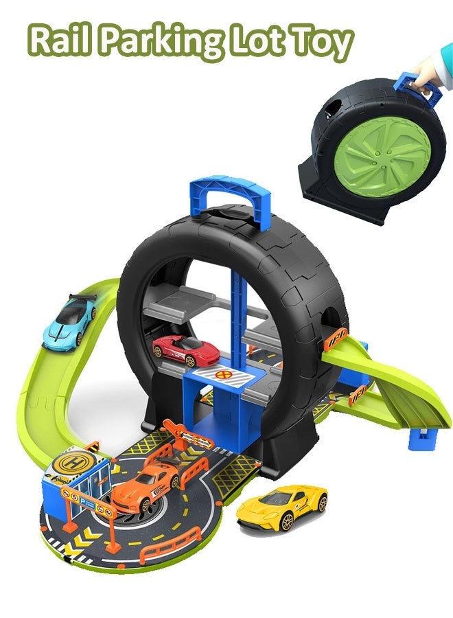 Vixplorn Kids Tire Track Parking Toy Set, 24PCS Auto Parts Parking Lot Toy, Educational Alloy Car Toy Set for Toddlers, Track Parking Playset with 4 Vehicles + 17 Road Sign Accessories, Tire Track Garage Toy for Boys Girls, Baby Learning Car Toys, Holiday Birthday Gift, Toddler Parking Track Playset, Kids Vehicle Play Garage - Image 2