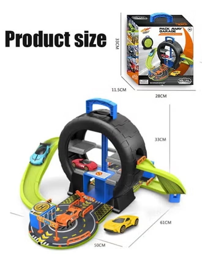 Vixplorn Kids Tire Track Parking Toy Set, 24PCS Auto Parts Parking Lot Toy, Educational Alloy Car Toy Set for Toddlers, Track Parking Playset with 4 Vehicles + 17 Road Sign Accessories, Tire Track Garage Toy for Boys Girls, Baby Learning Car Toys, Holiday Birthday Gift, Toddler Parking Track Playset, Kids Vehicle Play Garage - Image 3