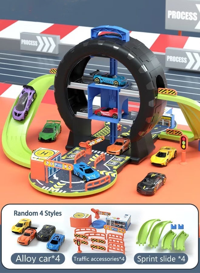 Vixplorn Kids Tire Track Parking Toy Set, 24PCS Auto Parts Parking Lot Toy, Educational Alloy Car Toy Set for Toddlers, Track Parking Playset with 4 Vehicles + 17 Road Sign Accessories, Tire Track Garage Toy for Boys Girls, Baby Learning Car Toys, Holiday Birthday Gift, Toddler Parking Track Playset, Kids Vehicle Play Garage - Image 1