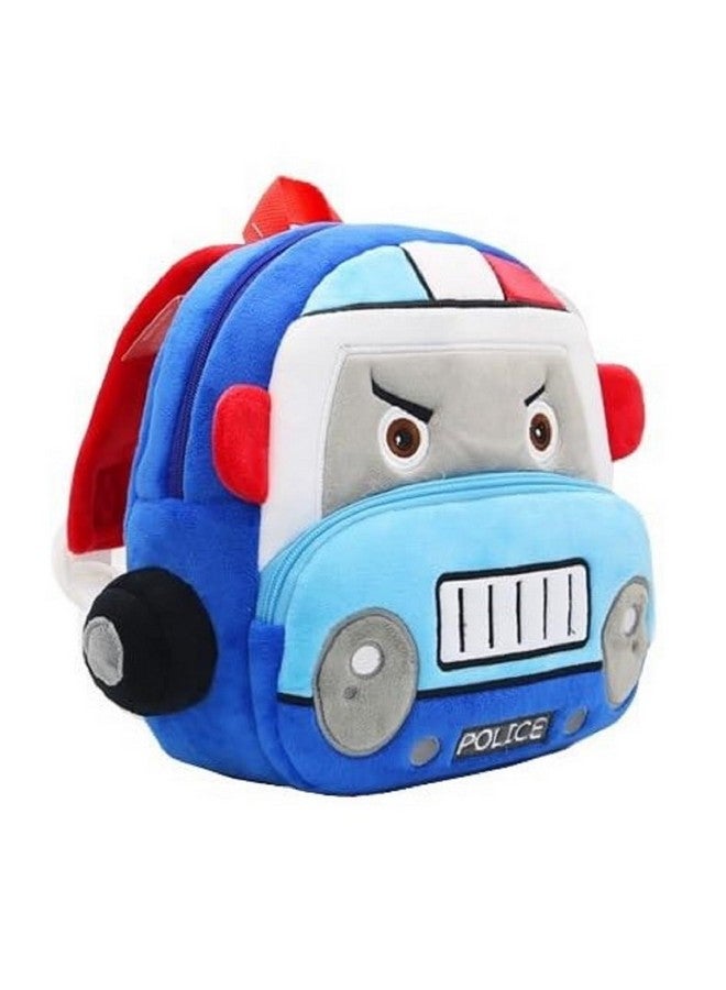 blue tree School Bag for Cute Kids for (1-6 Years), Embroidery Soft Plush Police Van Blue Bag for Toddlers, Cartoon Backpack for Baby Boys and Girls - Image 2
